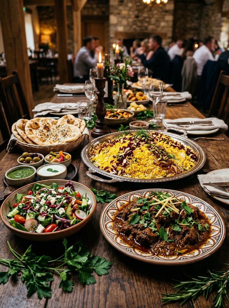 Option 1 Feast Platter featuring Lamb Qorma, Saffron Rice, and Fresh Flatbread